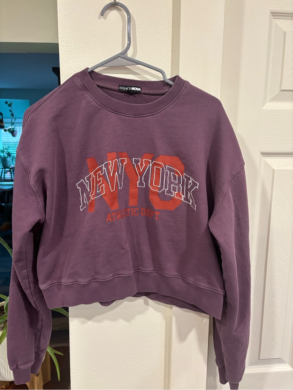 Fashion Nova Purple Cropped 'New York' Sweatshirt with Orange Print